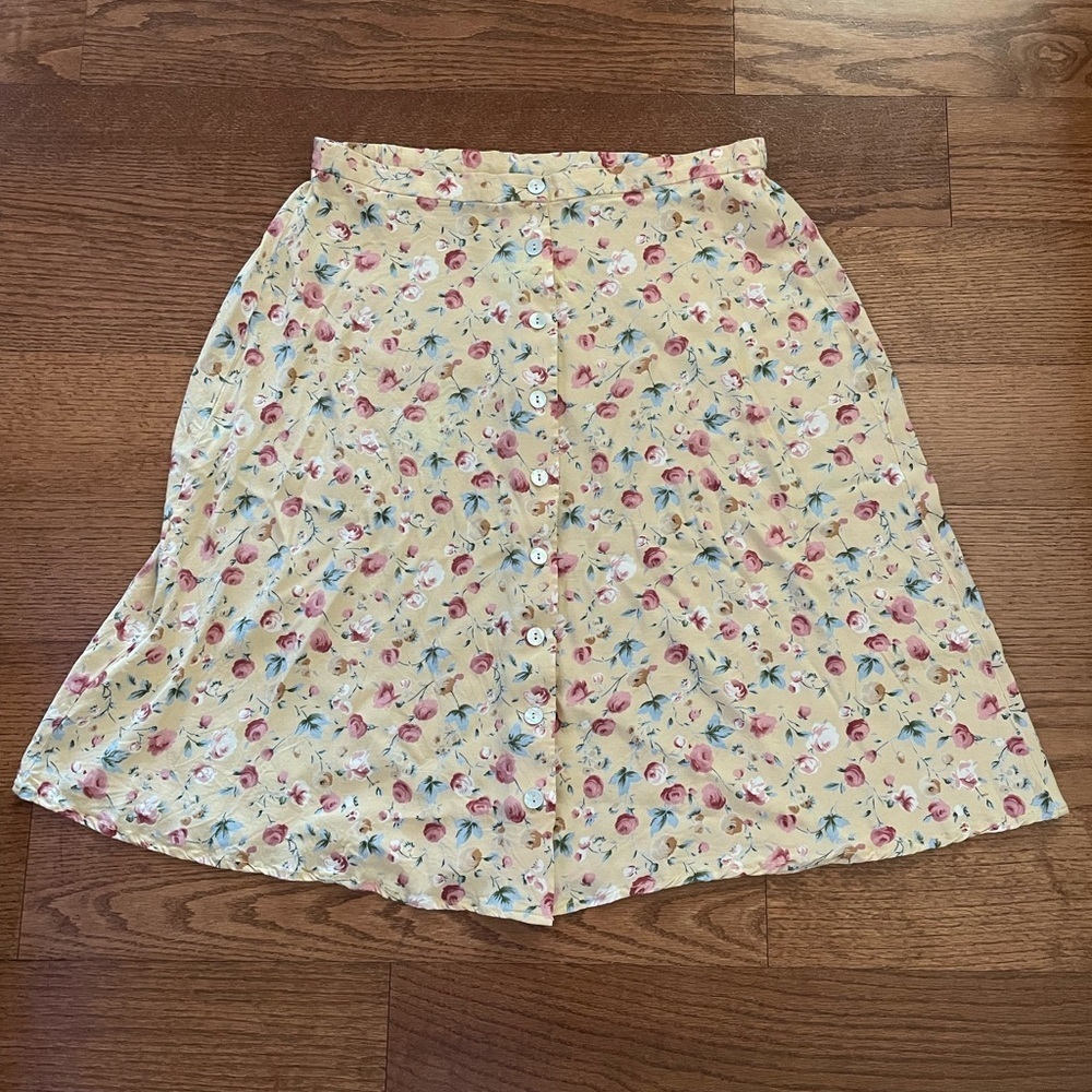 Vintage Yellow Floral Full Button Slip Skirt 18 Rayon Romantic Feminine Dainty